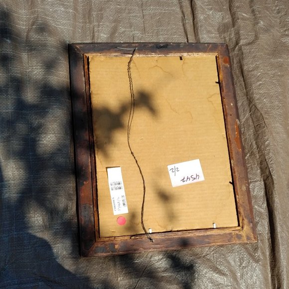 ANTIQUE BROWN STAINED WOOD FRAME WITH DISTRESSED GOLD INNER EDGE AND GLASS - Picture 5 of 6